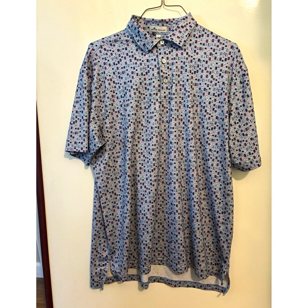 Peter Millar Men’s L Blue Geometric Short Sleeve Polo Shirt Collared Button Logo